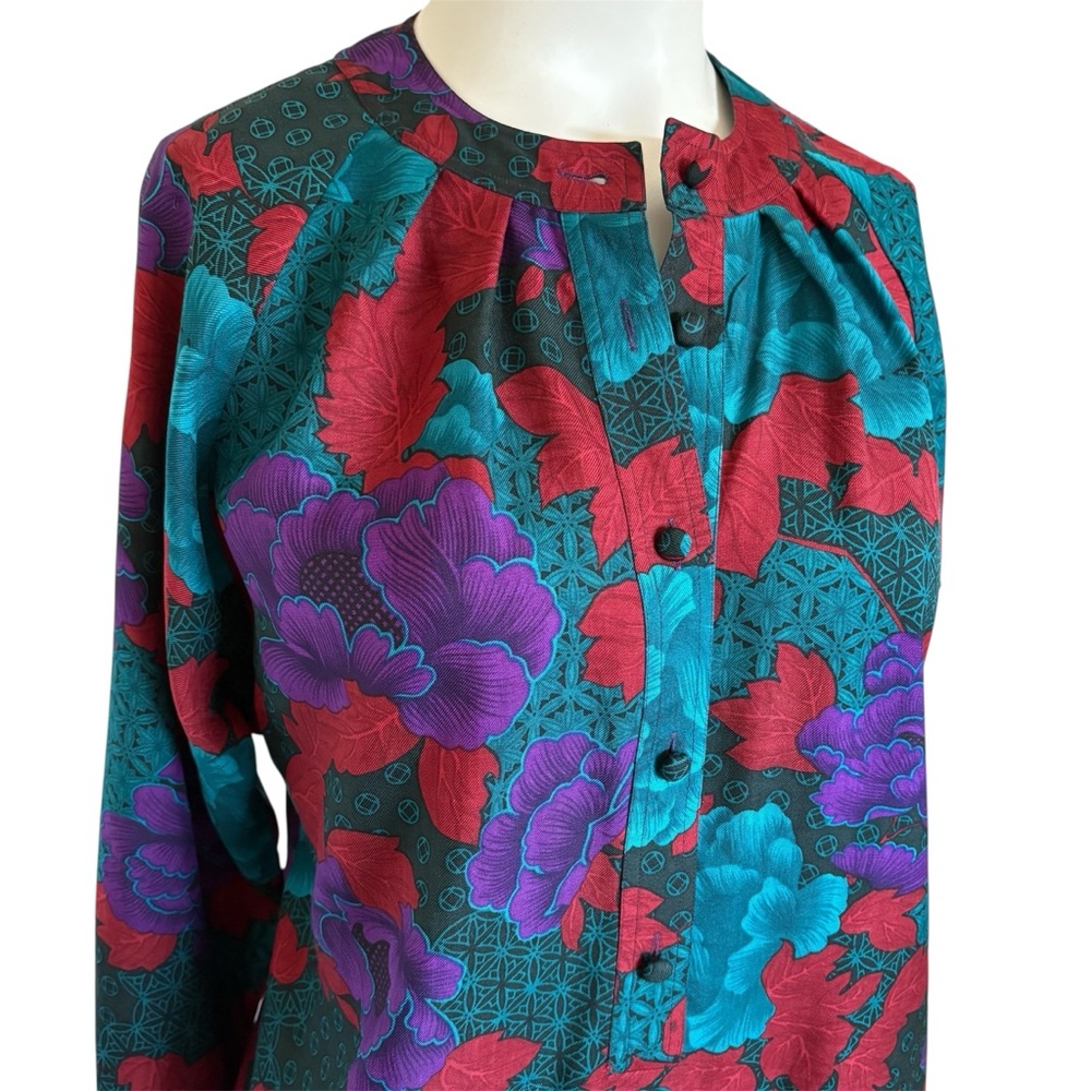 Vintage UMI Collections Anne Crimmins Silk Floral Foliage Blouse Knit Trim M-L